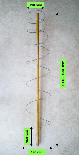 Assembled Spiraclimb plant support on its bamboo cane and showing the main dimensions
