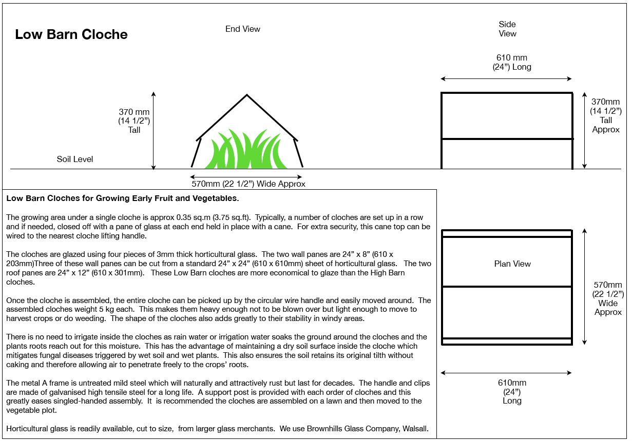 Traditional Cloche Frame Kit - Low Barn - with Easy Assembly Support Post. Glass Excluded.